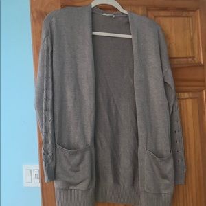 light purple cardigan, cross stitch sleeves